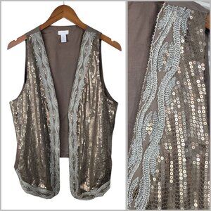 Chicos Sequin Vest Size 2 Large Embellished Tan Gold Open Front Womens Embroider